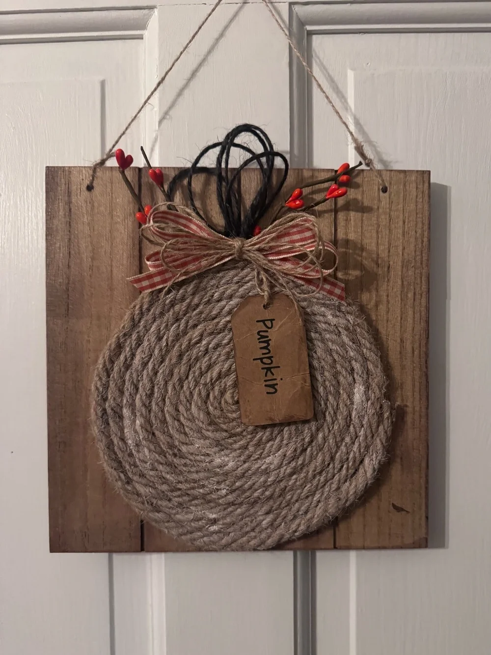 Handcrafted Fall Autumn Rustic Pumpkin Rope Wall Hanging 8.5” square